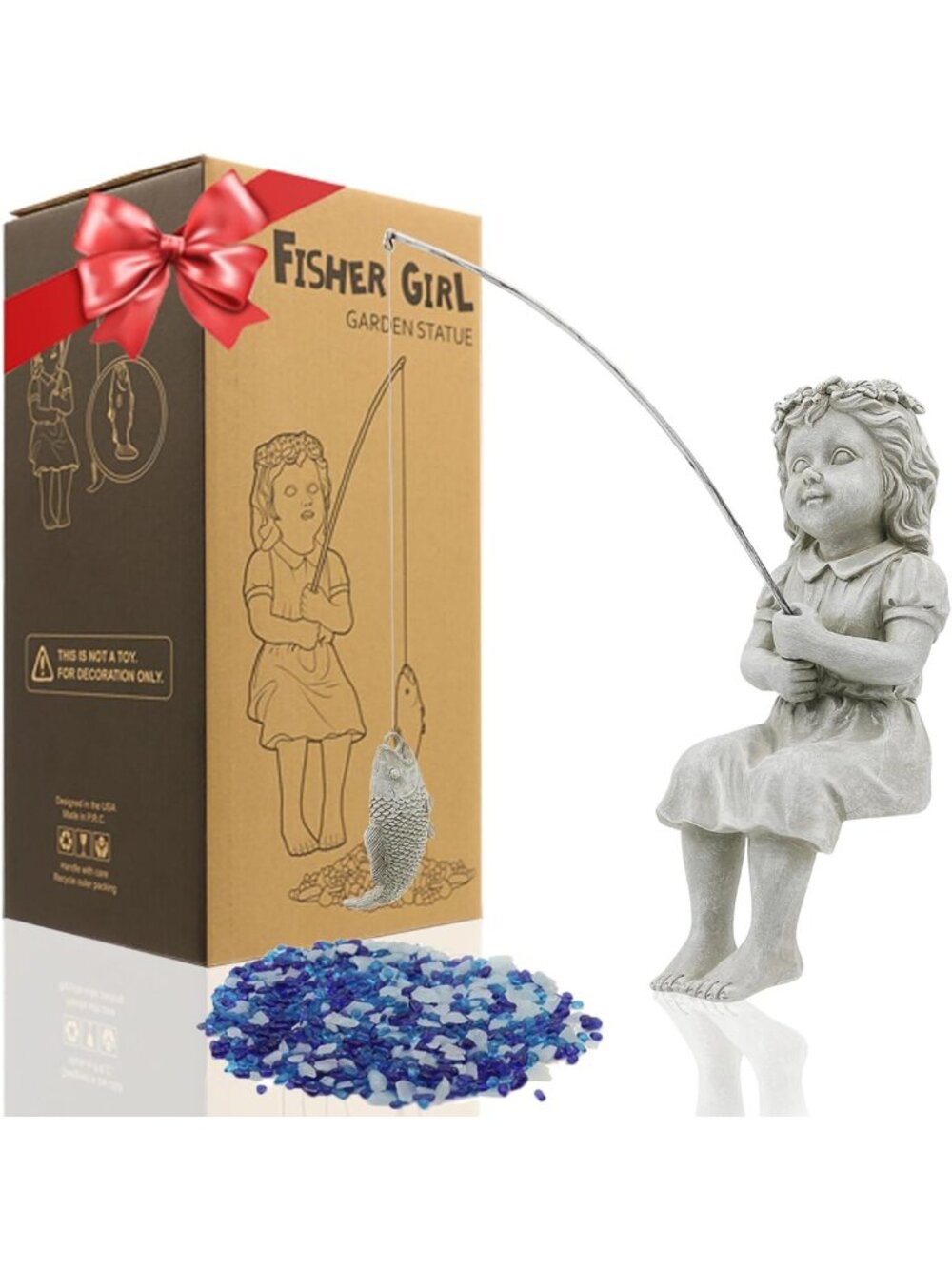 Charming 11" Fisherman Statue for Garden Decor - Glow in Dark Pebbles, Perfect